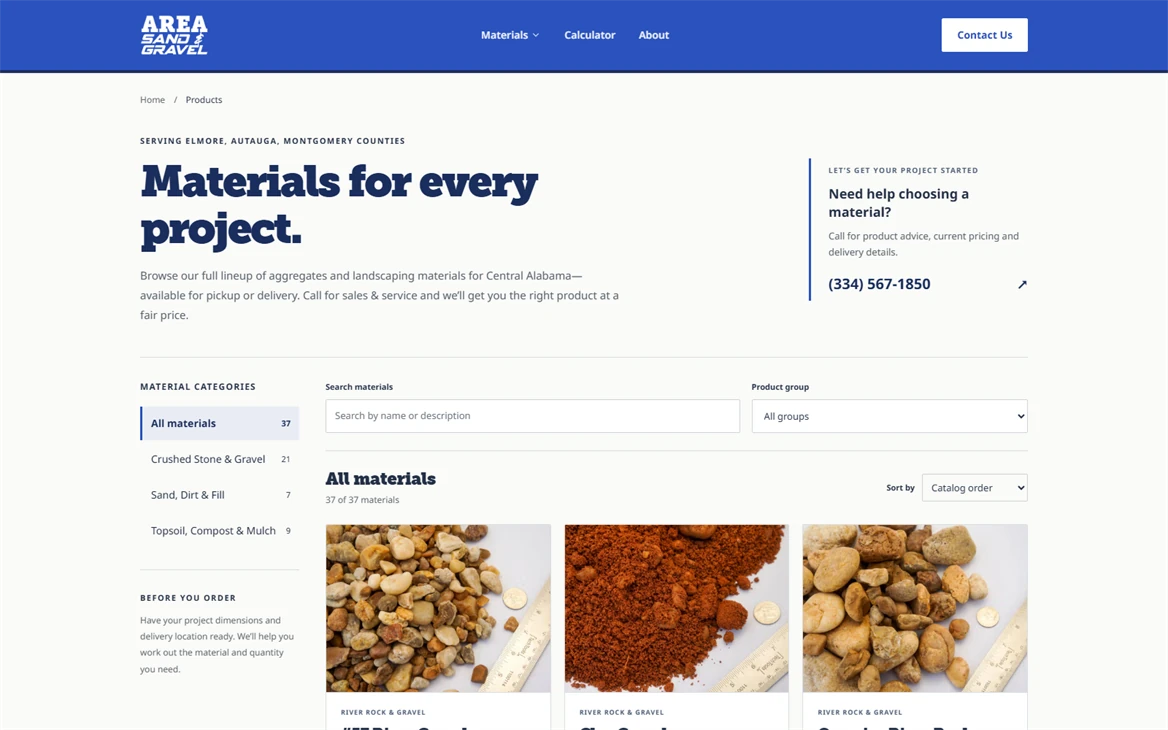 The Area Sand & Gravel materials page, with category filters above a grid of product photographs.