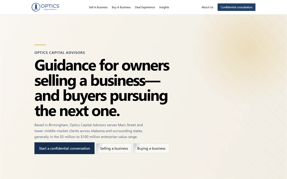 The Optics Capital Advisors homepage, headed “Guidance for owners selling a business—and buyers pursuing the next one.”
